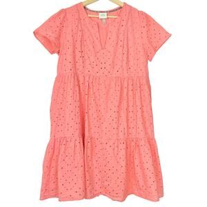 Knox Rose‎ Eyelet Tiered Short Sleeve Dress Size L Cotton Coral Boho Prairie